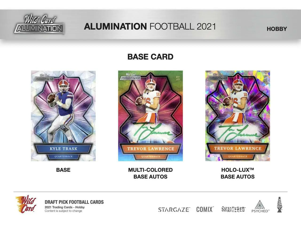Product sheet for Wild Card Alumination Football 2021 Hobby Box with base and autographed cards