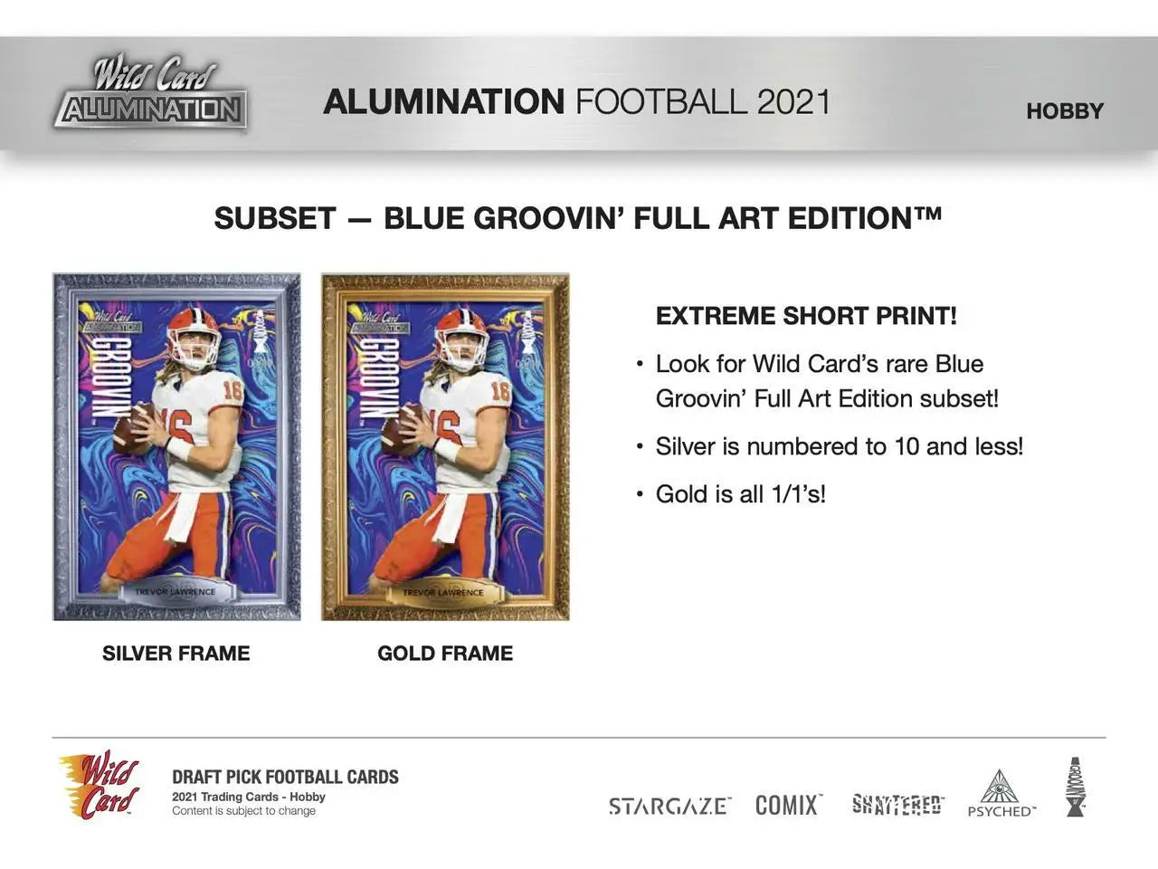 Product sheet for Blue Groovin Full Art Edition football trading cards in 2021 Wild Card Alumination Alumination Football Hobby Box with black chase packs