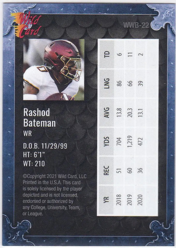 Football player trading card showcasing Wild Card Matte Batemon RC Weekend Warrior Ravens stats