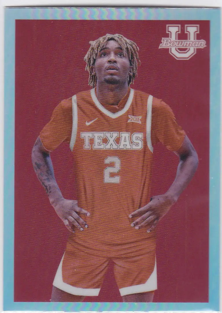 Basketball player in bright orange Texas jersey with number 2 from Bowman Chrome University