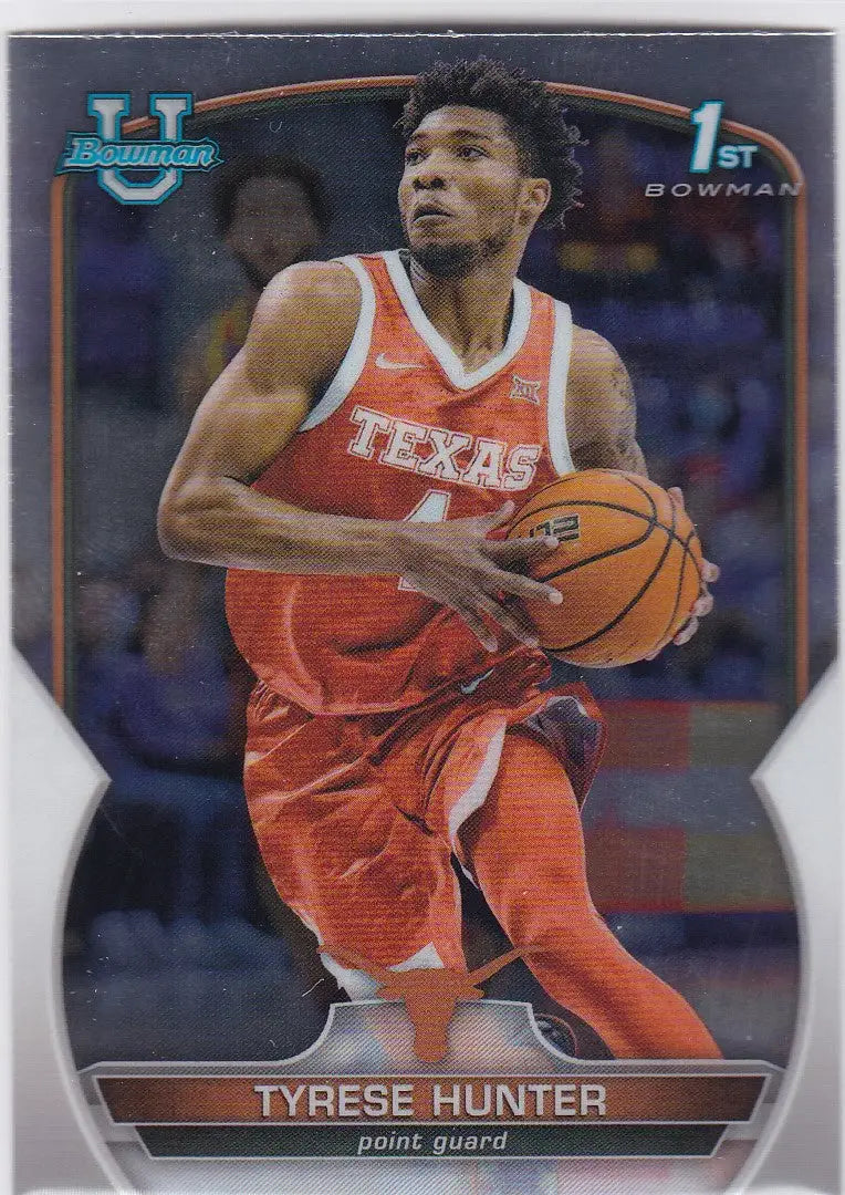 Basketball trading card of Tyrese Hunter Texas dribbling in Bowman Chrome uniform