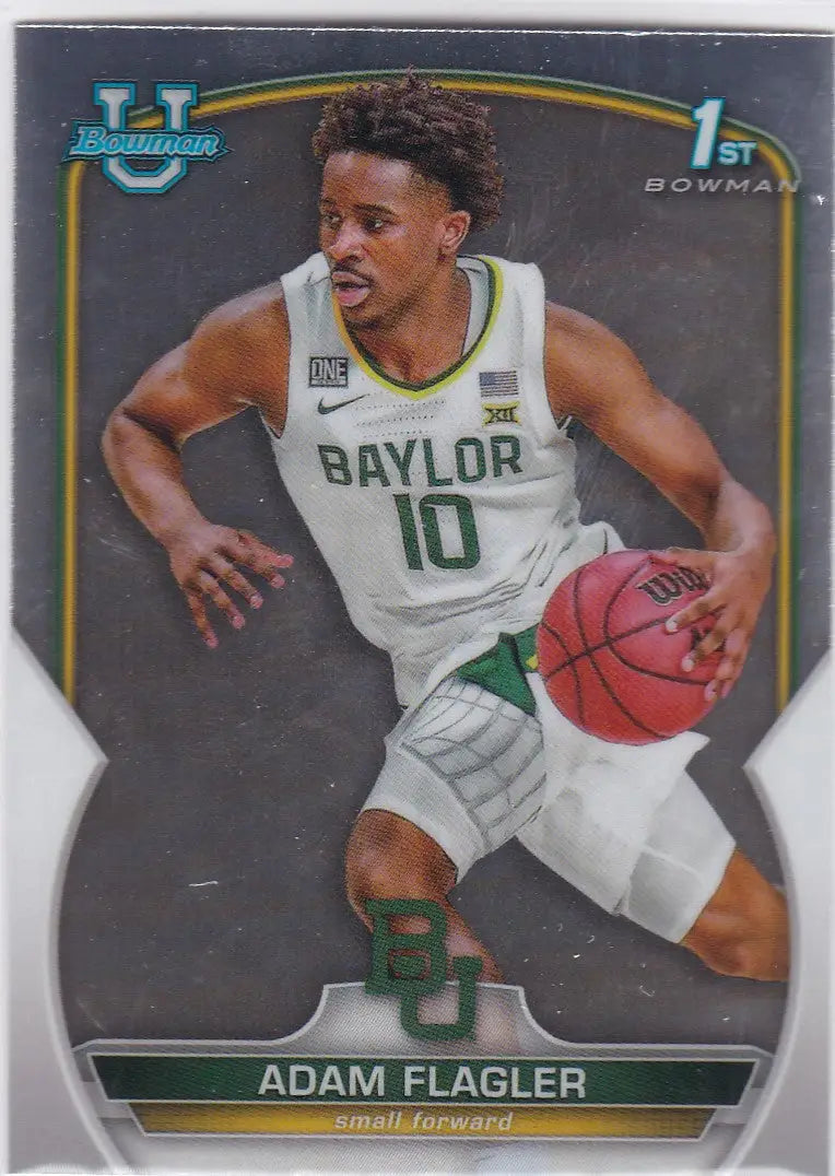 Basketball trading card of Adam Flager from Baylor in white jersey, Bowman Chrome