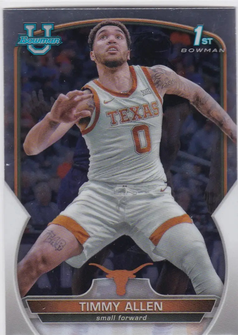 Basketball trading card of Timmy Allen Texas in a white jersey, Bowman Chrome edition