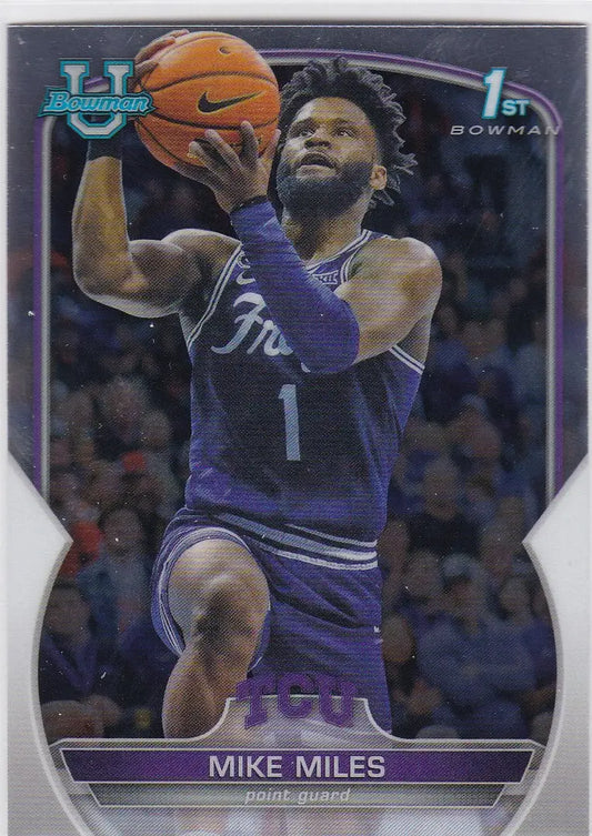Basketball trading card of Mike Miles TCU in purple jersey number 1 Bowman Chrome