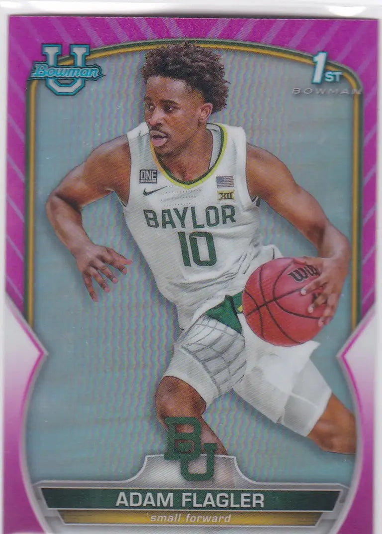Basketball trading card of Adam Flagler Baylor dribbling featuring Bowman Chrome University Pink