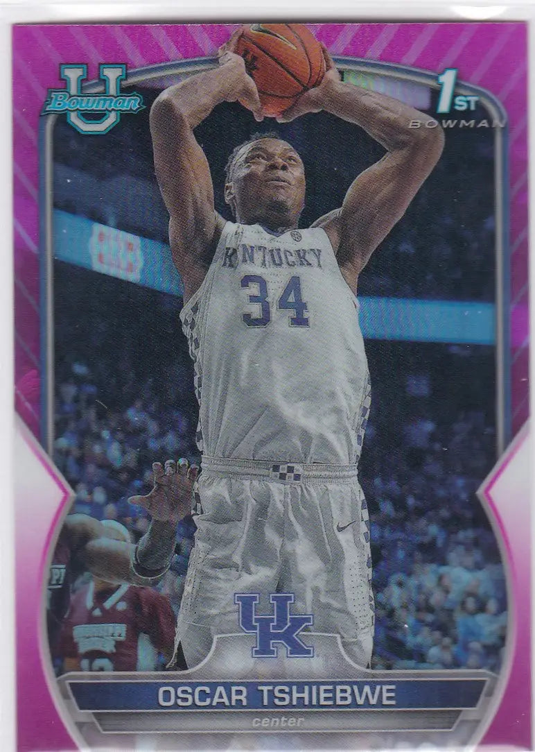 Basketball trading card of Oscar Tshiebwe Kentucky in white jersey 34 shooting ball