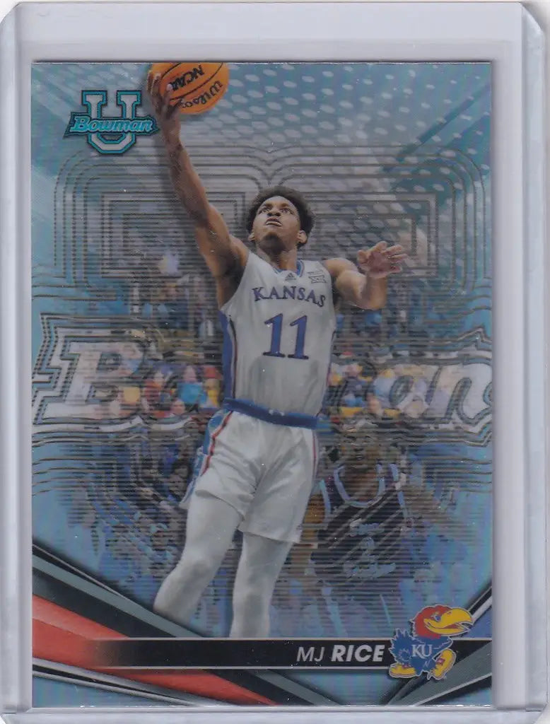 Basketball trading card of Kansas player MJ Rice in jump, Bowman University Best Refractor