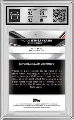 Graded Victor Wembanyama basketball card from 2022-23 Bowman University Best series