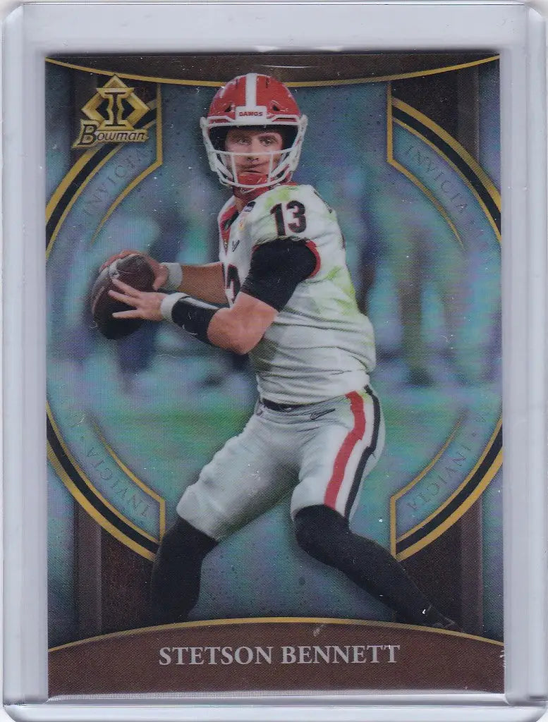 Football trading card of Stetson Bennett in Bowman University Chrome uniform preparing to pass