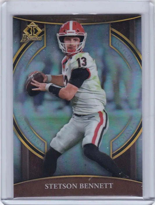 Football trading card of Stetson Bennett in Bowman University Chrome uniform preparing to pass