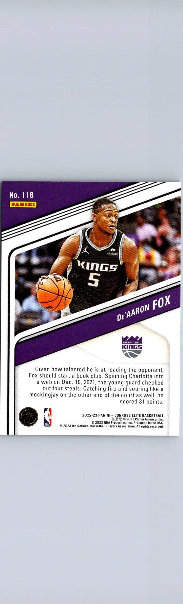 De’Aaron Fox trading card from 2022-23 Donruss Elite #118 basketball collection