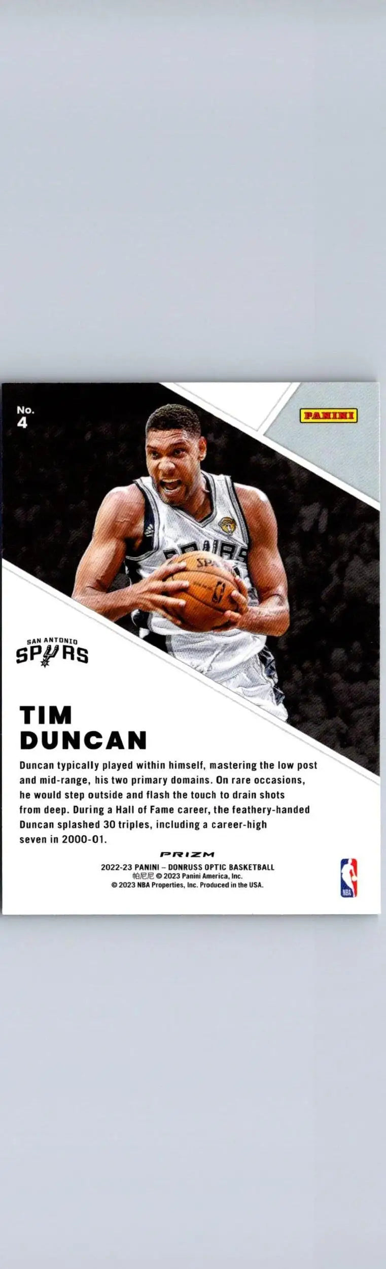 Tim Duncan basketball card from 2022-23 Donruss Optic Winner Stays Holo edition