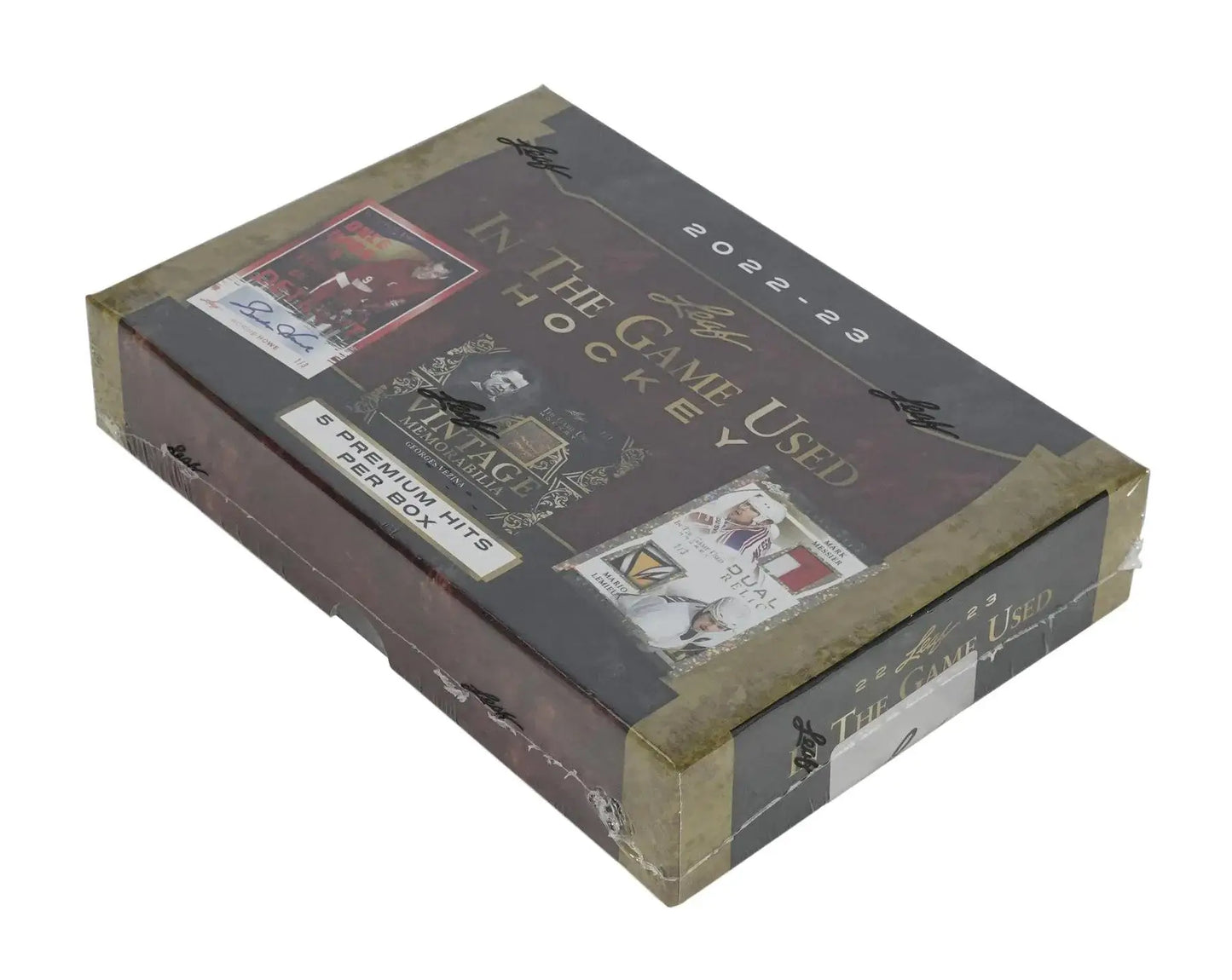 Sealed 2022/23 Leaf In The Game Used Hockey Hobby Box featuring Mario Lemieux and Gordie Howe