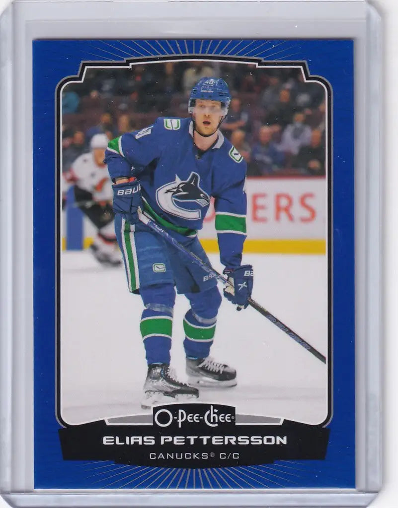 Hockey trading card of Elias Pettersson in OPC Hockey Blue for Vancouver Canucks