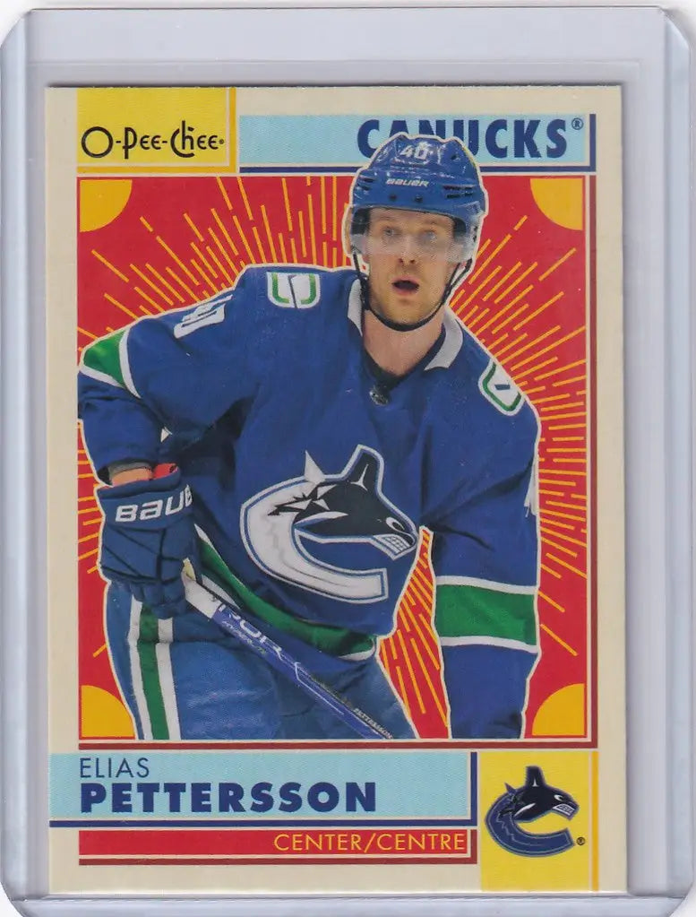 Hockey trading card of Elias Pettersson in blue jersey, 2022-23 OPC Hockey Retro