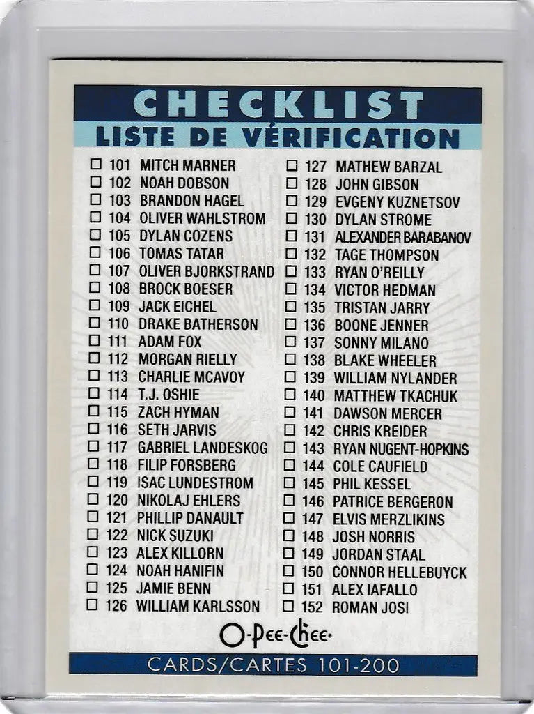 2022-23 OPC Hockey Retro Checklist Card displaying numbered names from sports card set