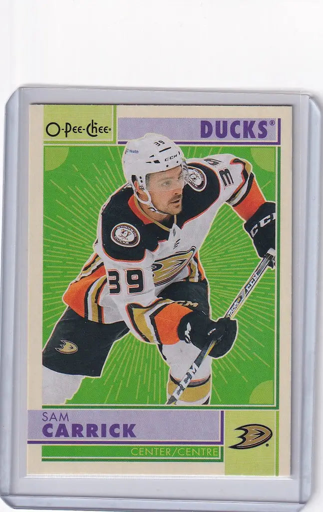 Hockey trading card of Sam Carrick from the Anaheim Ducks in OPC Hockey Retro design