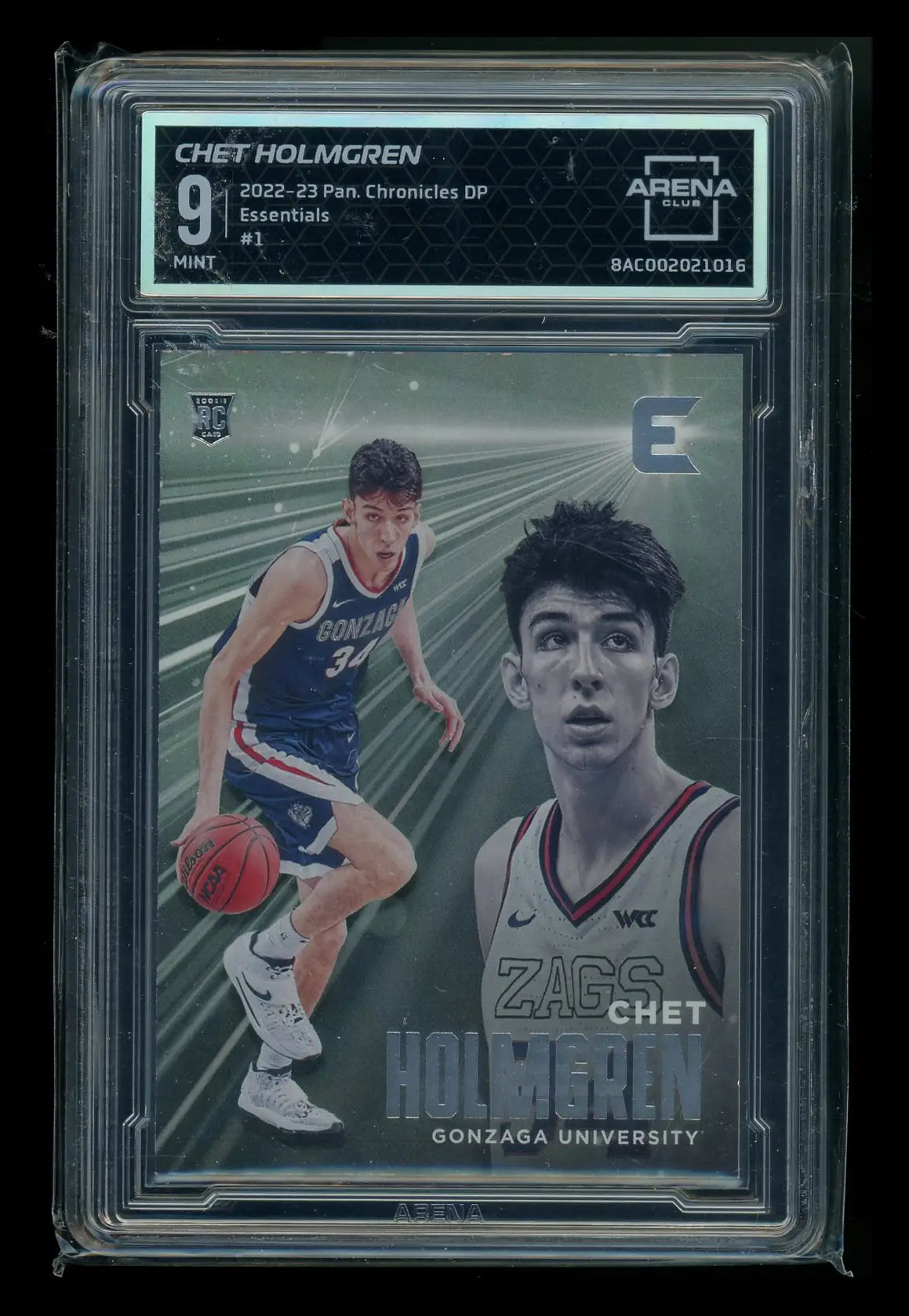 Basketball card with holographic design of Chet Holmgren in Gonzaga uniform from Panini Chronicles