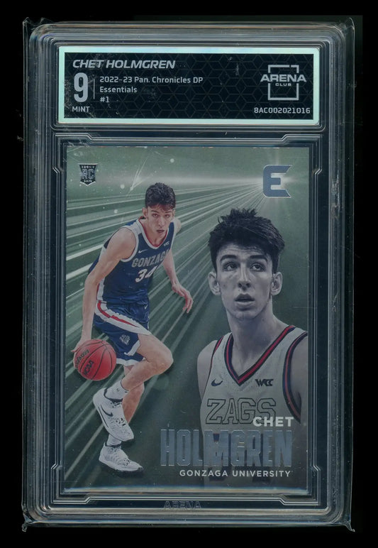 Basketball card with holographic design of Chet Holmgren in Gonzaga uniform from Panini Chronicles