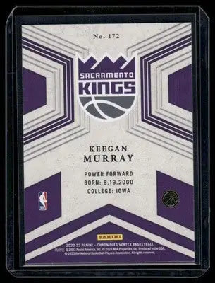 Back of 2022-23 Panini Chronicles Vertex Keegan Murray trading card featuring player stats
