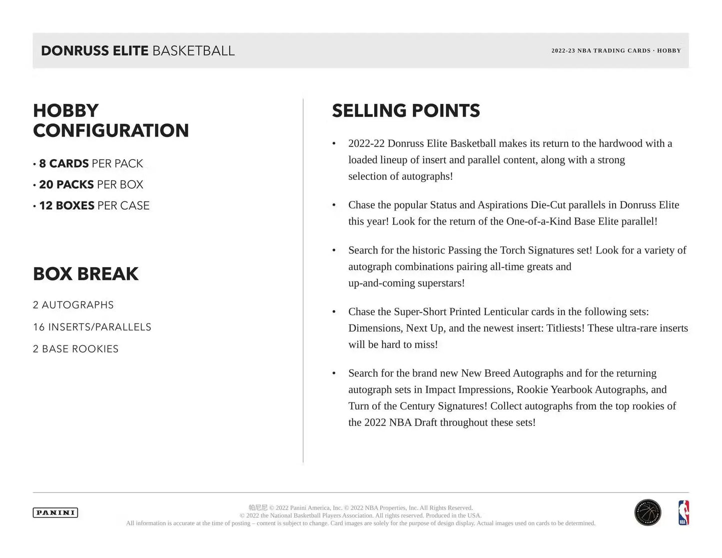 Product sheet for 2022-23 Donruss Elite Basketball with configuration and selling points