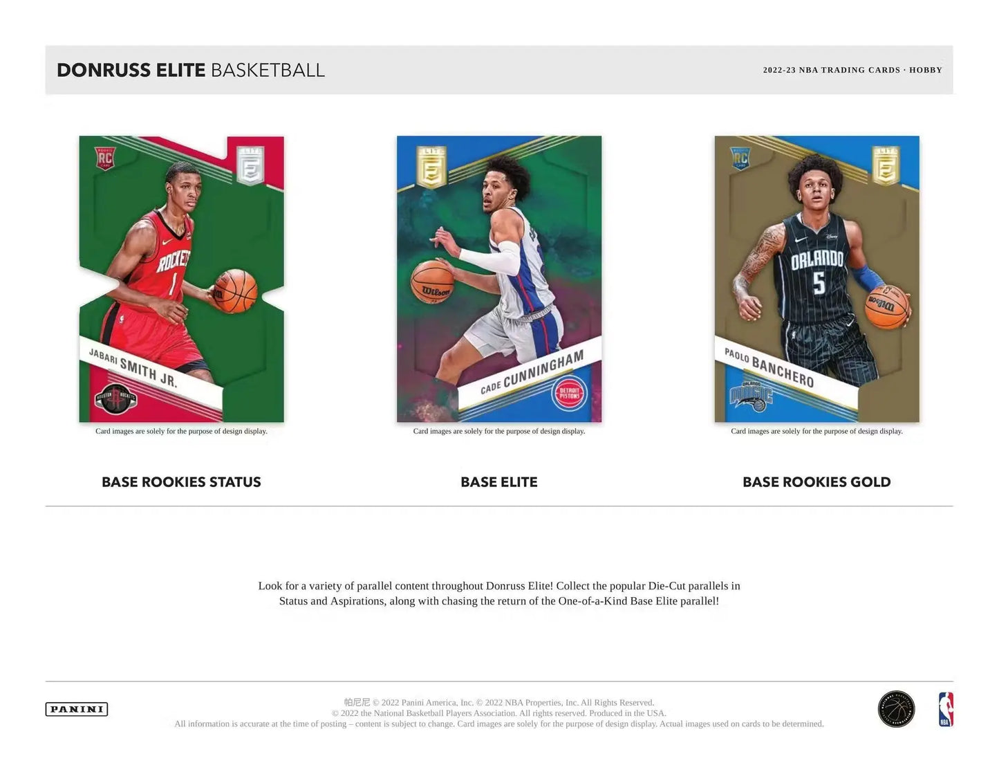 Set of three Donruss Elite Basketball trading cards with unique player designs from 2022-23 Donruss Elite
