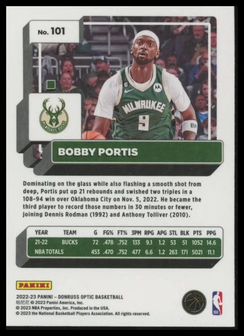 2022-23 Panini Donruss Optic Bobby Portis #101 Milwaukee Bucks Basketball Card - Basketball Card