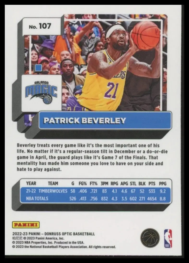 2022-23 Panini Donruss Optic Patrick Beverly #107 Orlando Magic Basketball Card