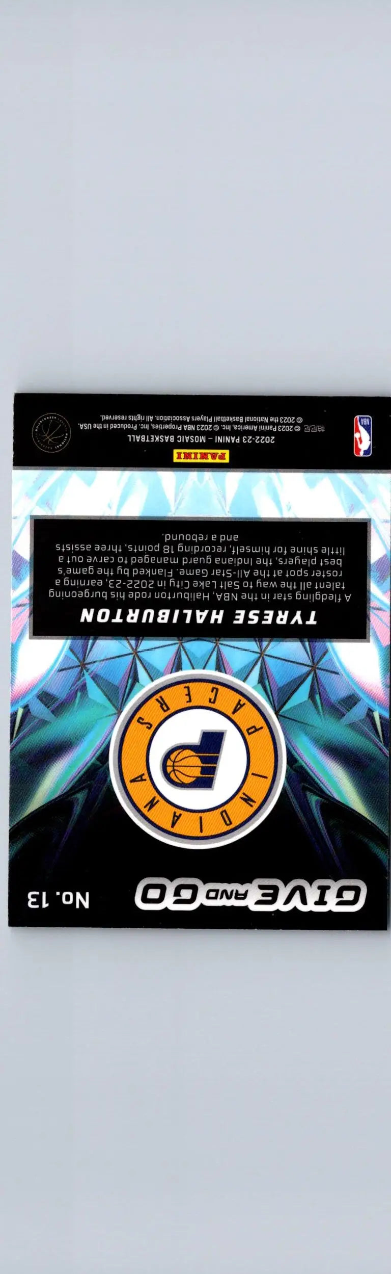 Tyrese Haliburton basketball card from 2022-23 Panini Mosaic Give and Go Mosaic set