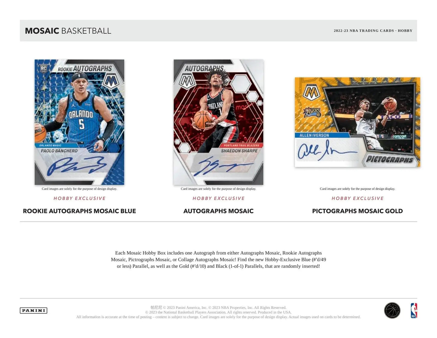 Product sheet for Panini Mosaic Basketball with rookie autographs and parallel cards
