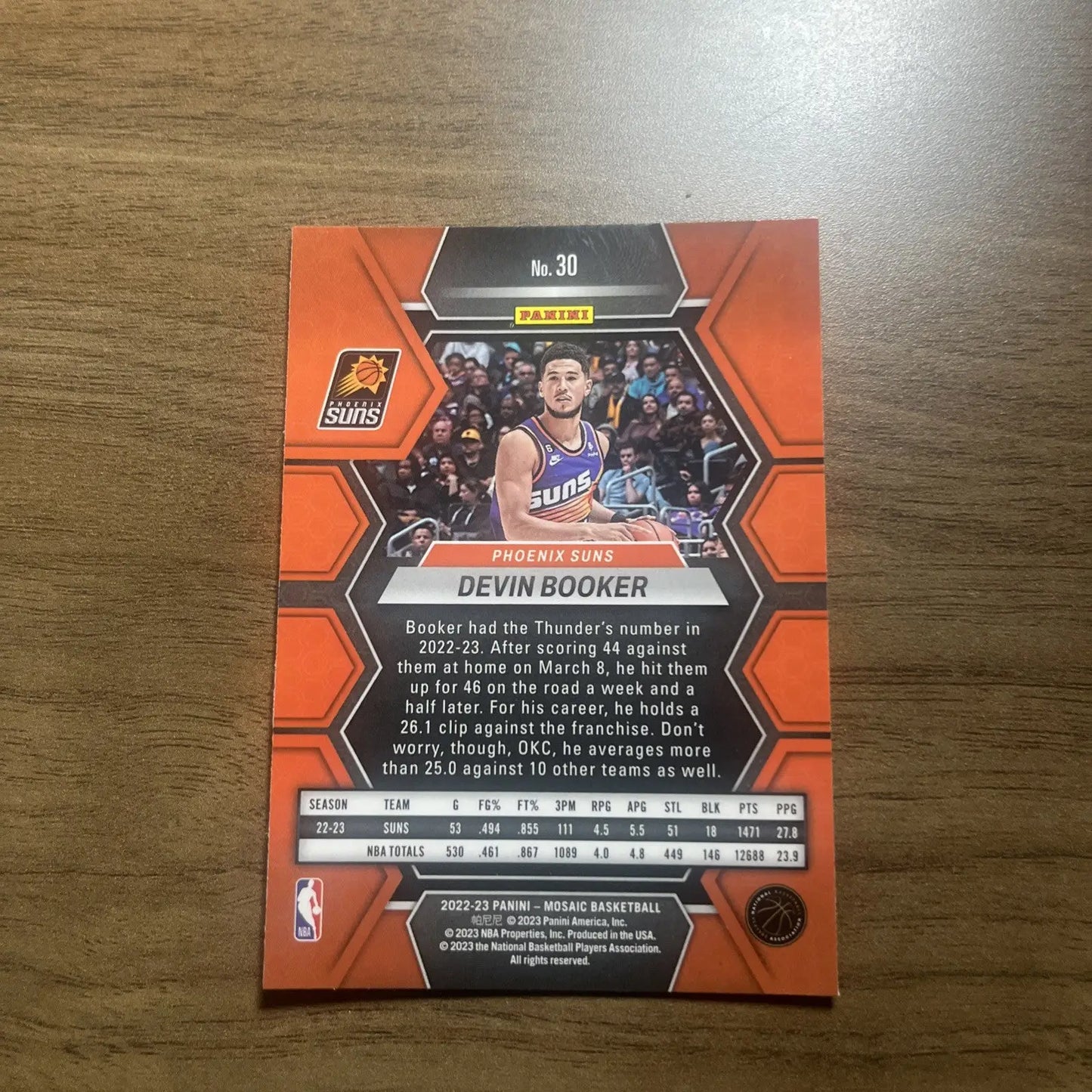 Devin Booker trading card from 2022-23 Panini Mosaic Silver Prizm #30 Suns edition