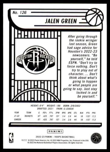 Black and white basketball trading card from Panini NBA Hoops 2022-23 featuring Jalen Green