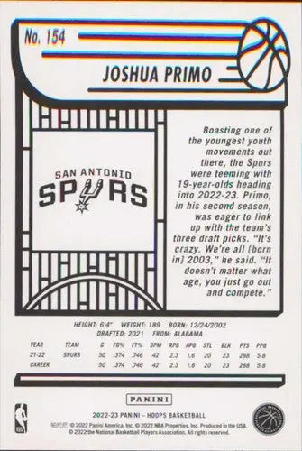 2022-23 Panini NBA Hoops #154 Joshua Primo NM-MT Spurs ID:51973