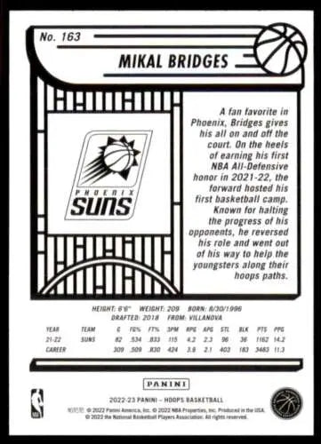 Basketball card back of 2022-23 Panini NBA Hoops #163 Mikal Bridges with original gloss