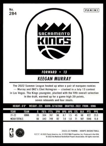 Original gloss Panini NBA Hoops Keegan Murray basketball card Sac Kings 2022-23