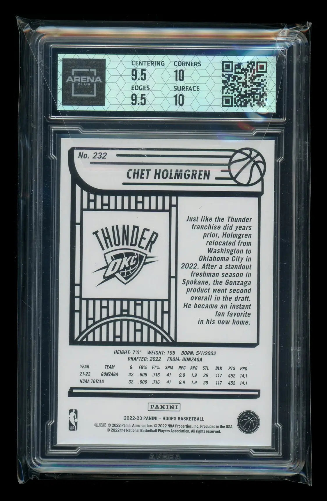 2022-23 Panini NBA Hoops Chet Holmgren #232 RC Basketball Arena Club 10 - Basketball Card