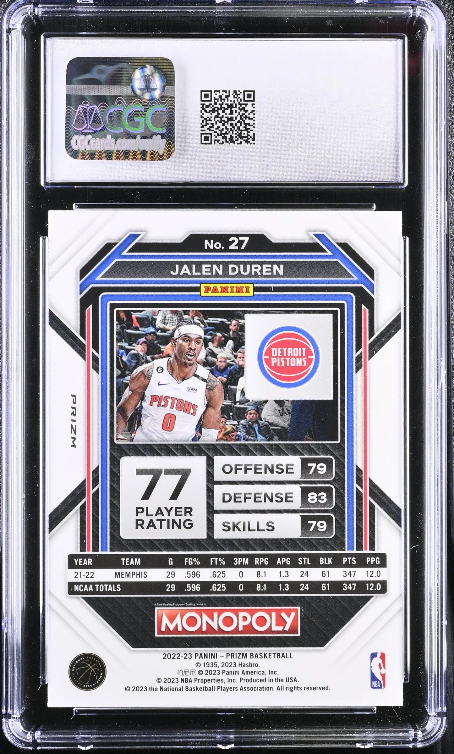 Panini Prizm Monopoly Jalen Duren basketball card in 2022-23 Panini Prizm Monopoly collection