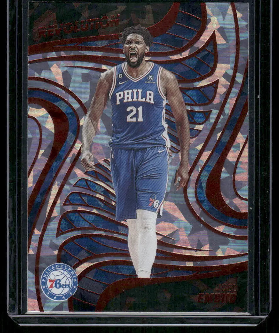Basketball trading card featuring Joel Embiid in blue 76ers uniform from 2022-23 Panini Revolution