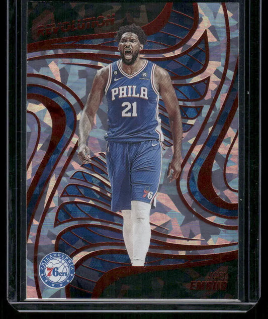 Basketball trading card featuring Joel Embiid in blue 76ers uniform from 2022-23 Panini Revolution