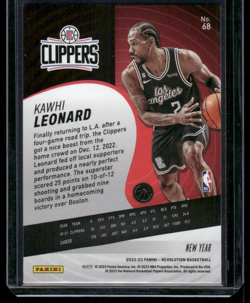 Back of 2022-23 Kawhi Leonard Panini Revolution basketball trading card
