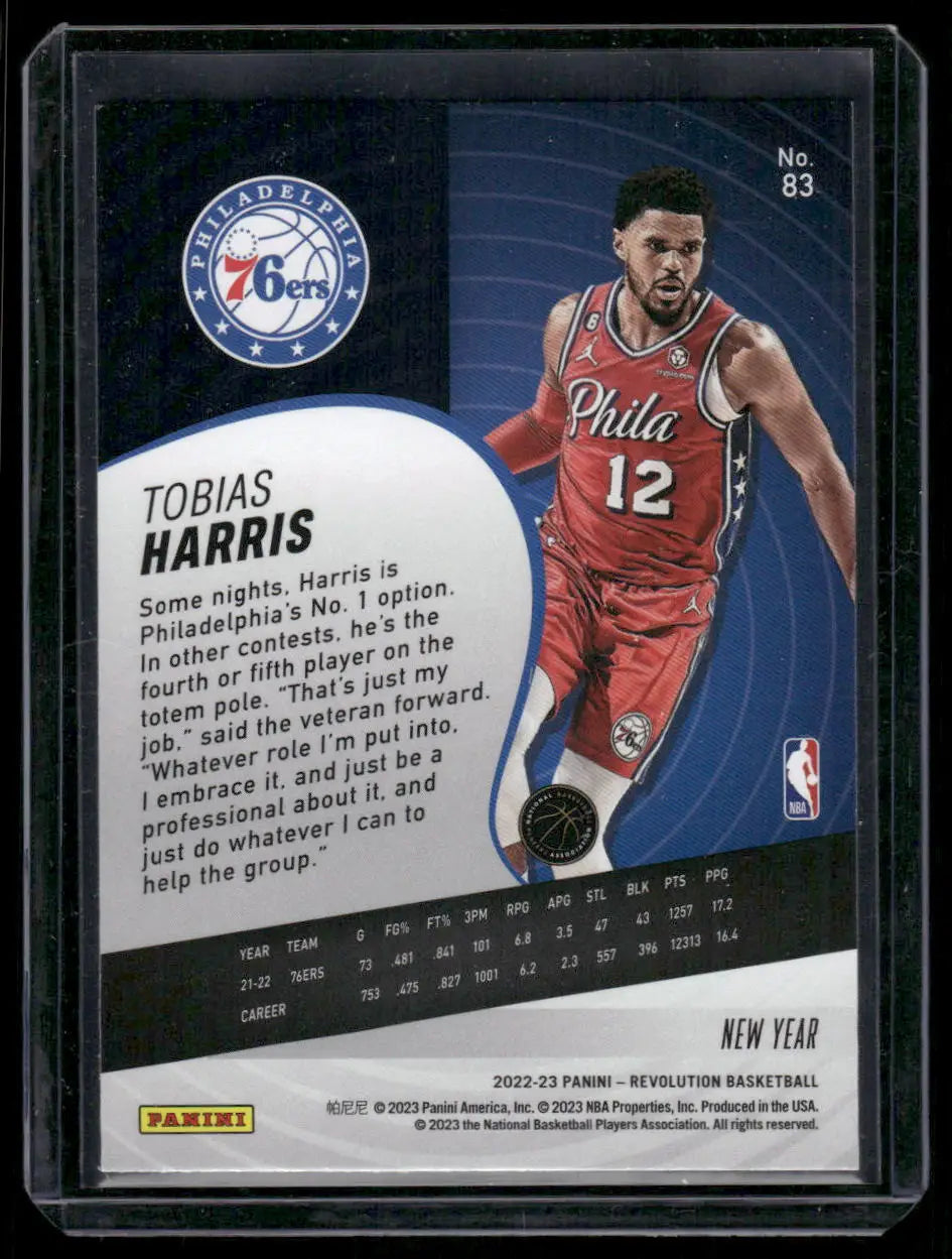 2022-23 Tobias Harris Panini Revolution basketball trading card with stats and quote