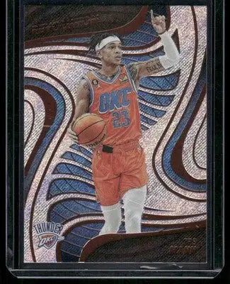 Holographic Panini Revolution Tre basketball trading card featuring Tre Mann in orange jersey