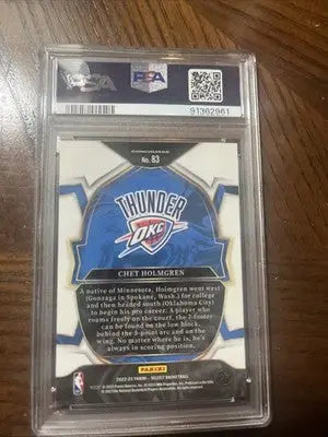 Graded NBA basketball trading card of Chet Holmgren in Panini Select Holmgren Blue Prizm PSA 10