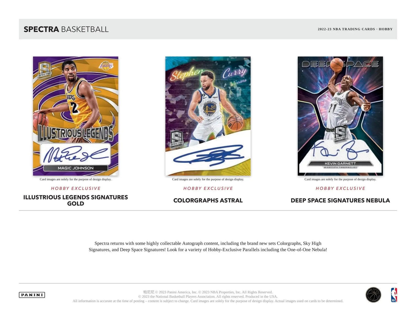 Three Panini Spectra Basketball trading cards with autographs, including deep space signatures and color blast designs
