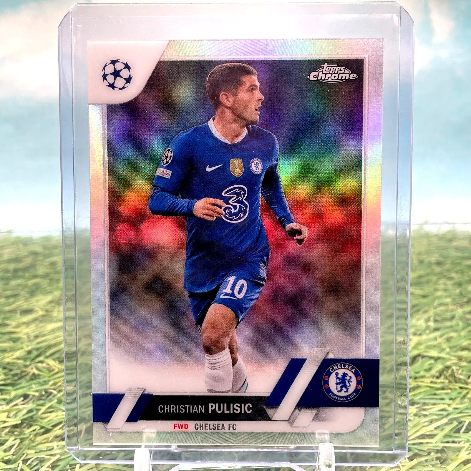 Christian Pulisic soccer card from 2022-23 Topps Chrome UEFA Silver Refractor Chelsea
