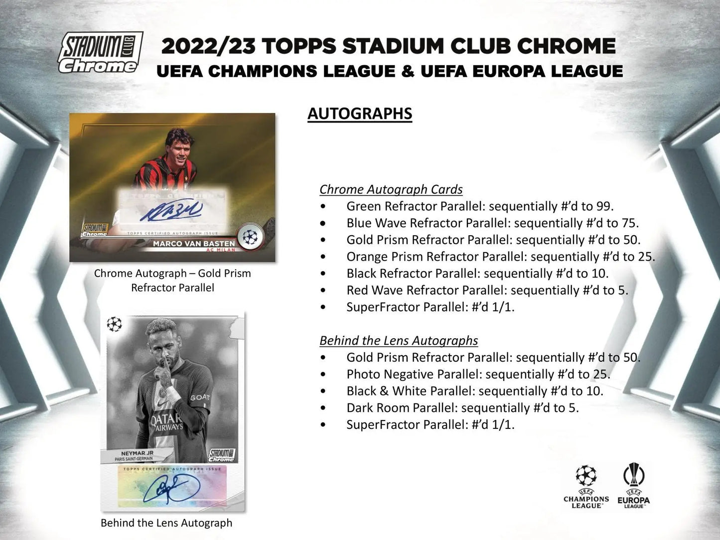 Soccer card advertisement featuring 2022-23 Topps Stadium Club Chrome UEFA Club Competitions with wave refractor parallel