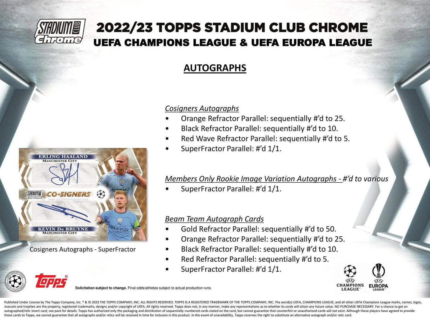 Soccer card autograph checklist from 2022-23 Topps Stadium Club Chrome UEFA with wave prism gold refractor parallels