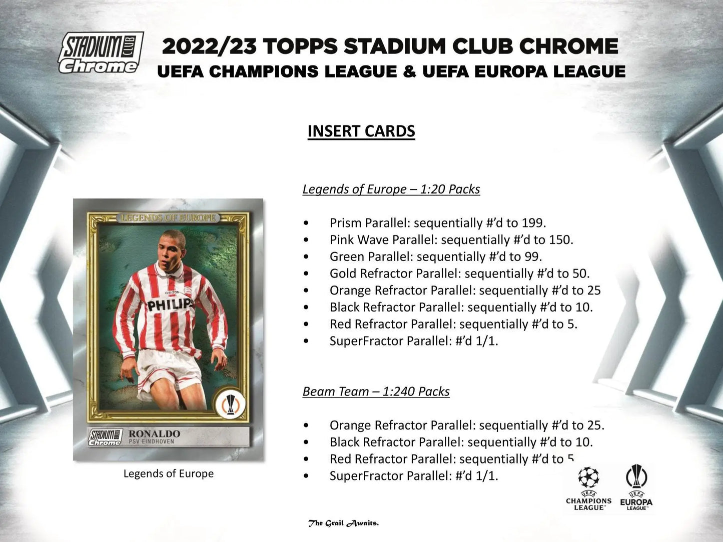 Soccer card with wave refractor parallel in 2022-23 Topps Stadium Club Chrome UEFA box