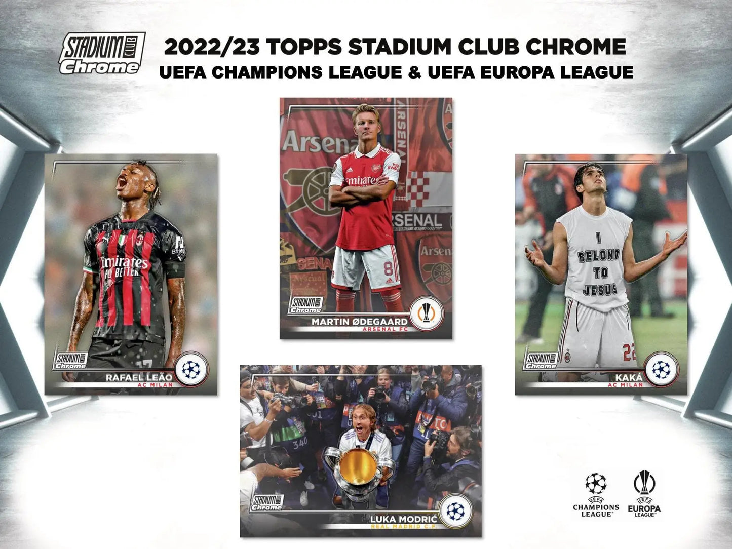 Soccer trading cards featuring wave refractor parallel from 2022-23 Topps Stadium Club Chrome UEFA box