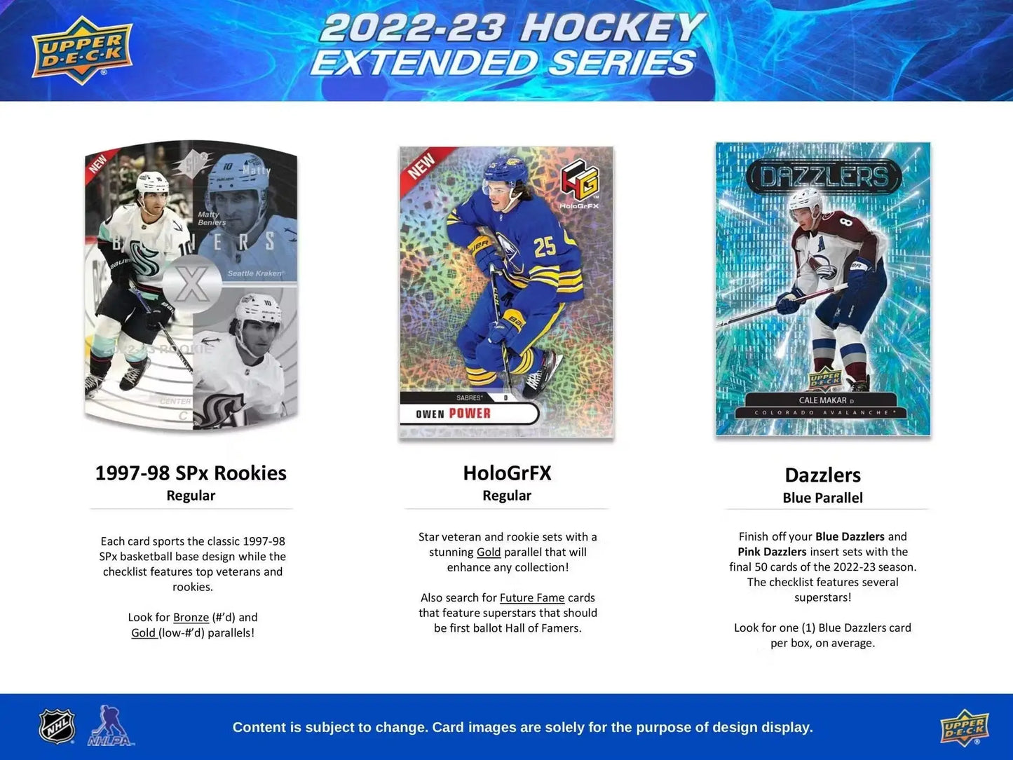Hockey card product advertisement featuring 2022-23 Upper Deck Extended Series Black Diamond Young Guns Hobby Box